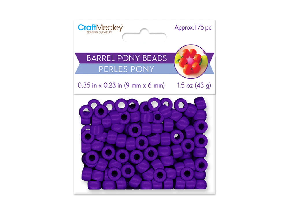 Sealed retail bag of 175 plastic 6 x 9mm pony beads in purple
