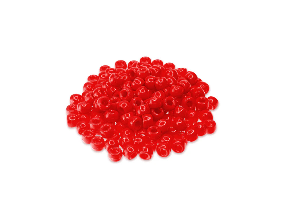 Pile of 6 x 9mm plastic pony beads in red on a white background