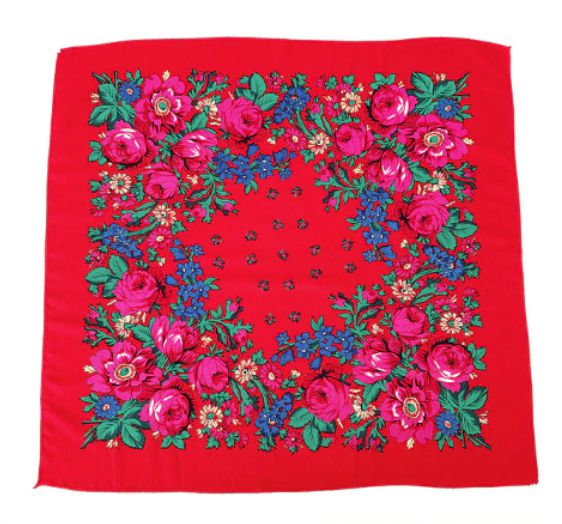 27 x 27 inch red kokum scarf laid flat with a border of pink roses, blue flowers and green leaves