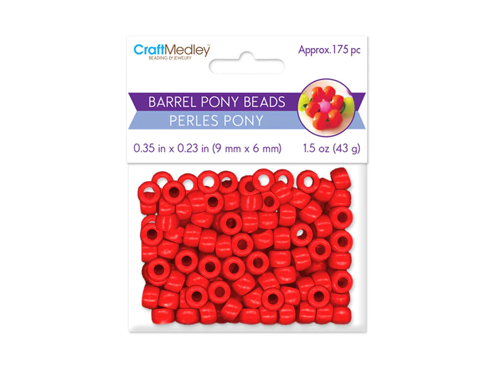 Sealed retail bag of 175 plastic 6 x 9mm pony beads in red on white