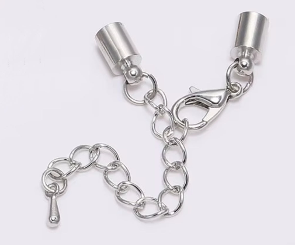 Rhodium cord end clasp with a 4mm hole, lobster clasp and extender chain