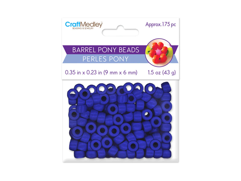 Sealed retail bag of 175 plastic 6 x 9mm pony beads in royal blue
