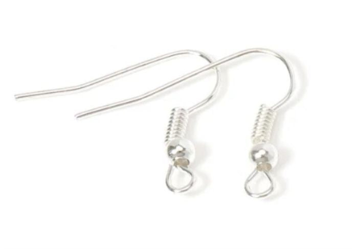 Pair of silver shepherd earring hooks with coil and bead on a white background
