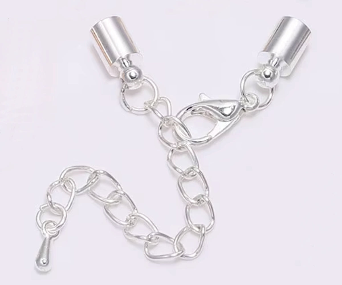 Silver cord end clasp with a 4mm hole, lobster clasp and extender chain
