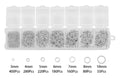 Clear divided case of silver jump rings in seven sizes from 3mm to 10mm, with size labels