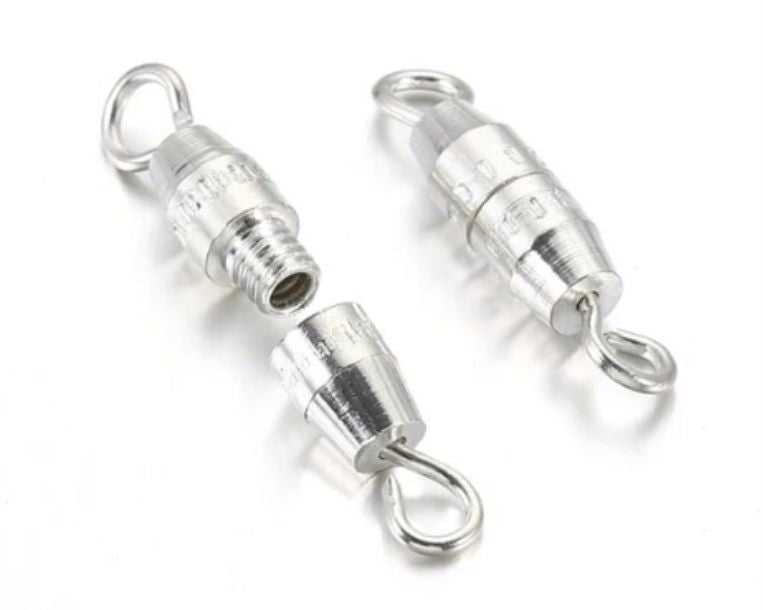 Two silver barrel swivel clasps with a loop at each end, on a white background