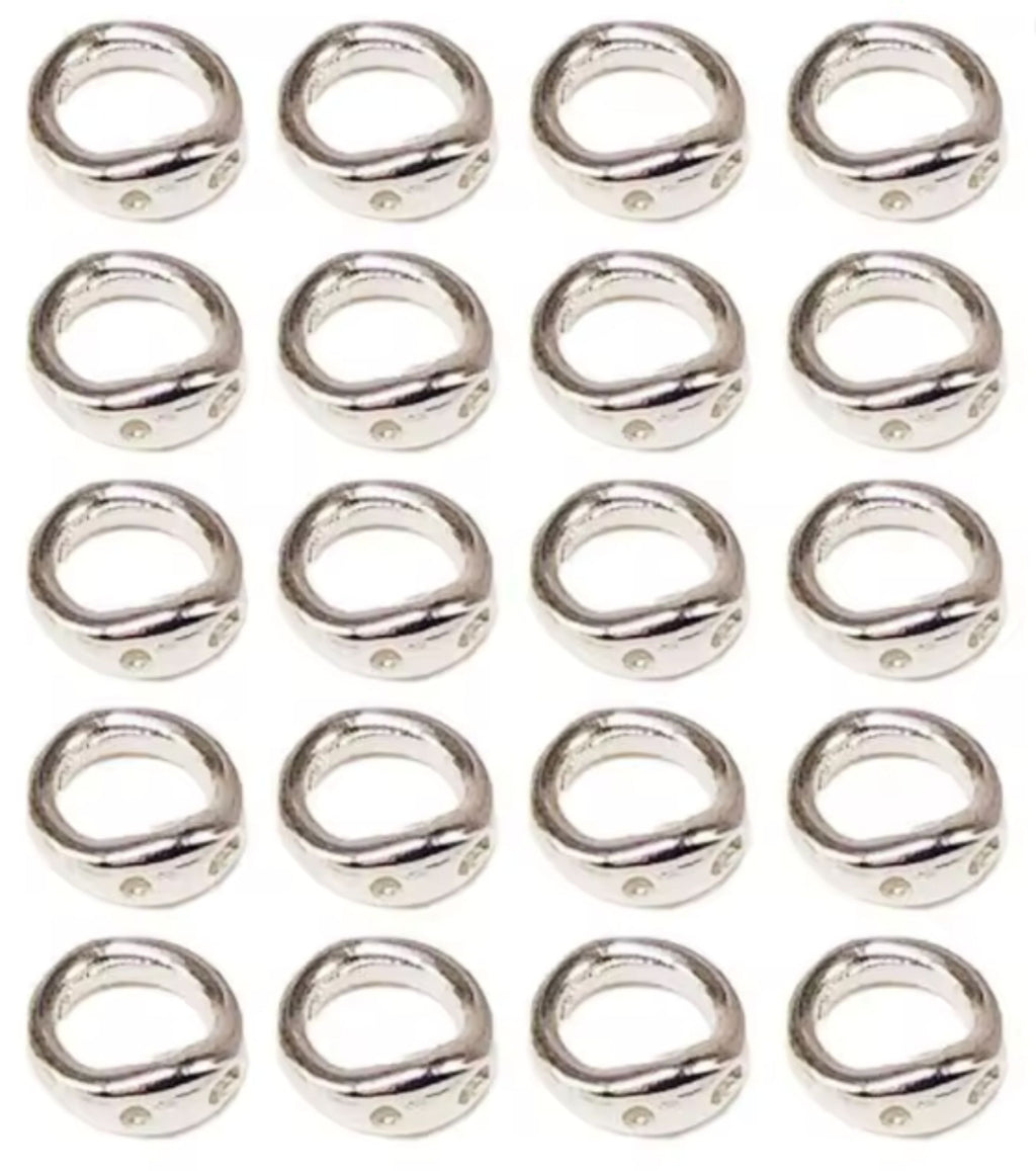 Grid of 20 silver-plated double-hole connector rings, arranged in rows on a white background