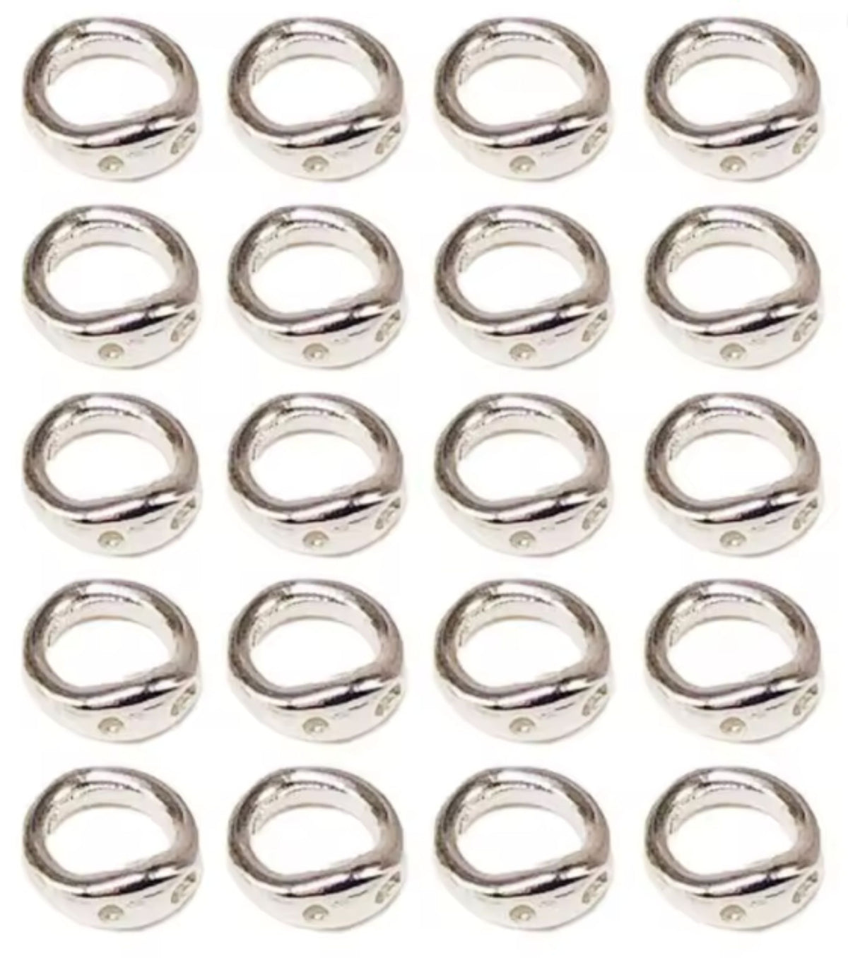 Grid of 20 silver-plated double-hole connector rings, arranged in rows on a white background