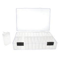 Clear bead storage case of 24 small flip-top containers, lid open