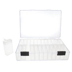 Clear bead storage case of 24 small flip-top containers, lid open