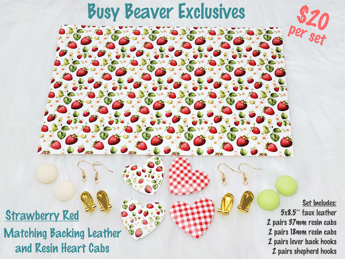 5 x 8.5 inch red strawberry faux leather with matching 37mm heart and 18mm resin cabochons (cabs) and hooks