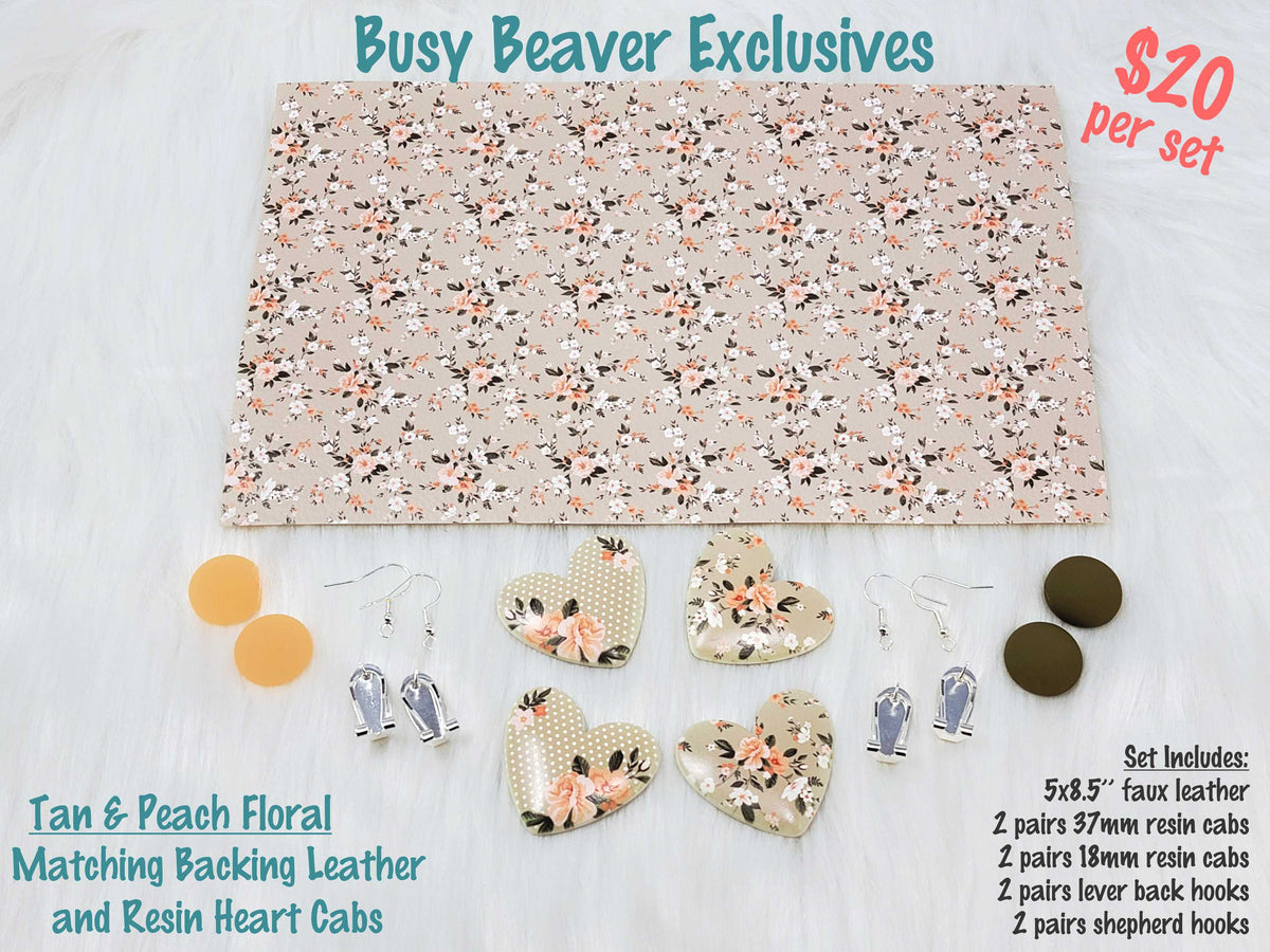 5 x 8.5 inch tan and peach floral faux leather with matching 37mm heart and 18mm resin cabochons (cabs) and hooks