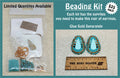 Beading kit bag of beads and supplies beside the finished turquoise drop earrings it makes, with a ruler