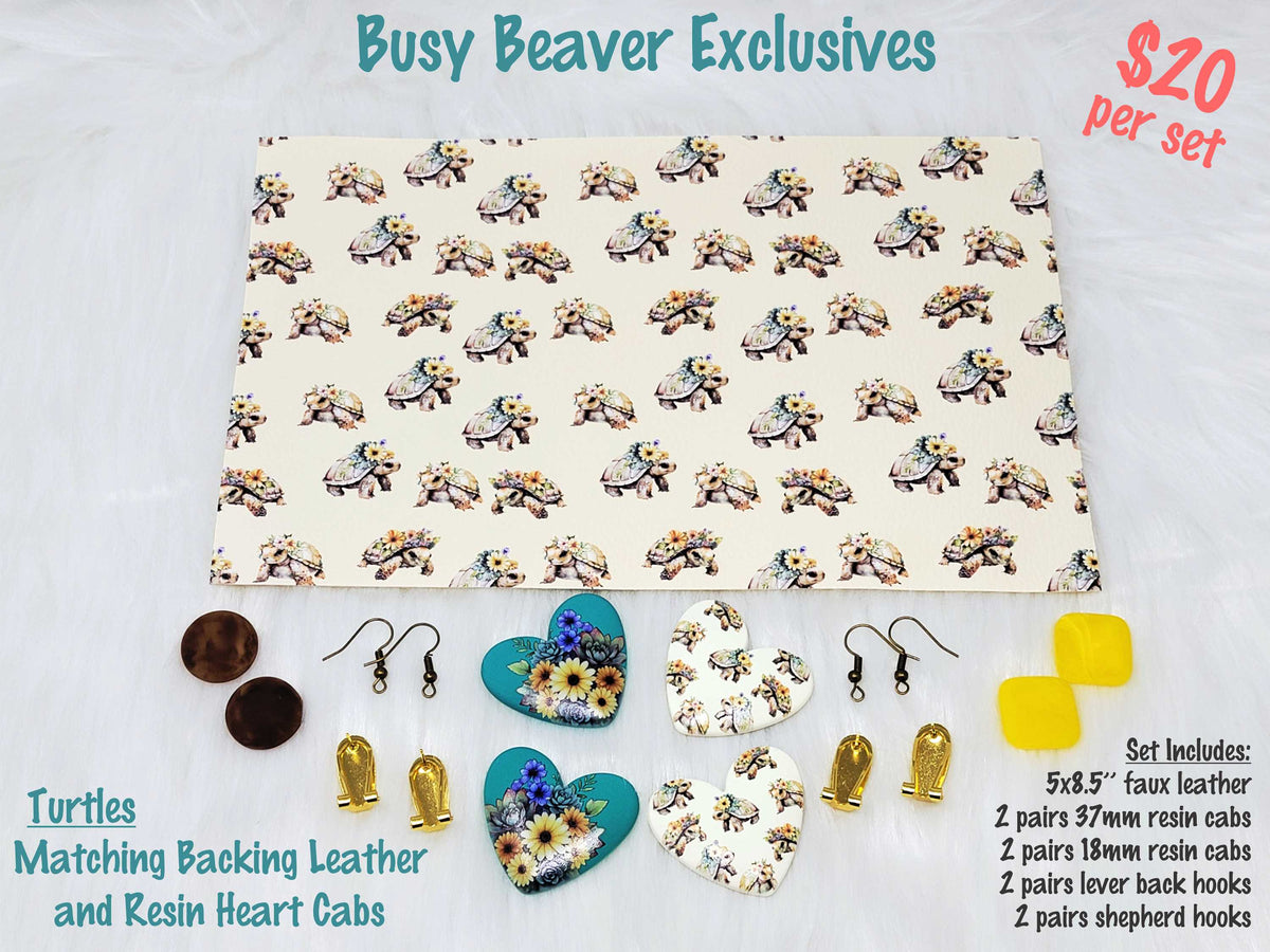 5 x 8.5 inch turtle faux leather with matching 37mm heart and 18mm resin cabochons (cabs) and hooks