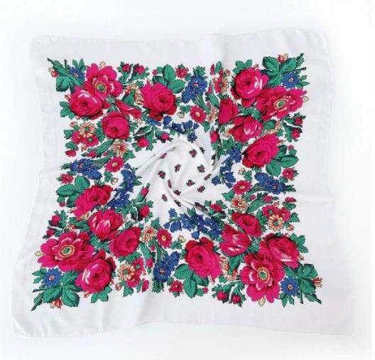 27 x 27 inch white kokum scarf laid flat with a border of pink roses, blue flowers and green leaves