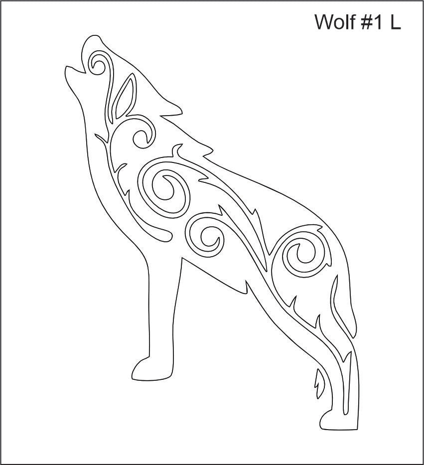 Line drawing of the left howling wolf with swirls beading pattern, labelled 'Wolf #1 L'
