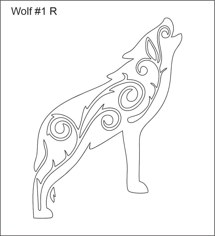 Line drawing of the right howling wolf with swirls beading pattern, labelled 'Wolf #1 R'
