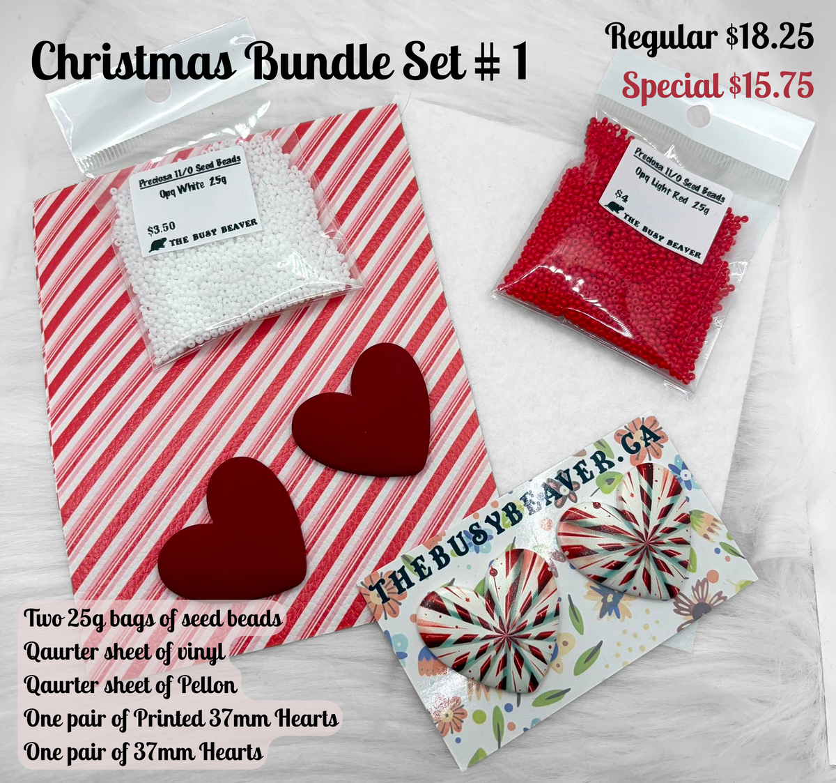 Christmas Bundle Set #1 with red and white seed beads, striped vinyl, pellon and 37mm heart cabochons (cabs)