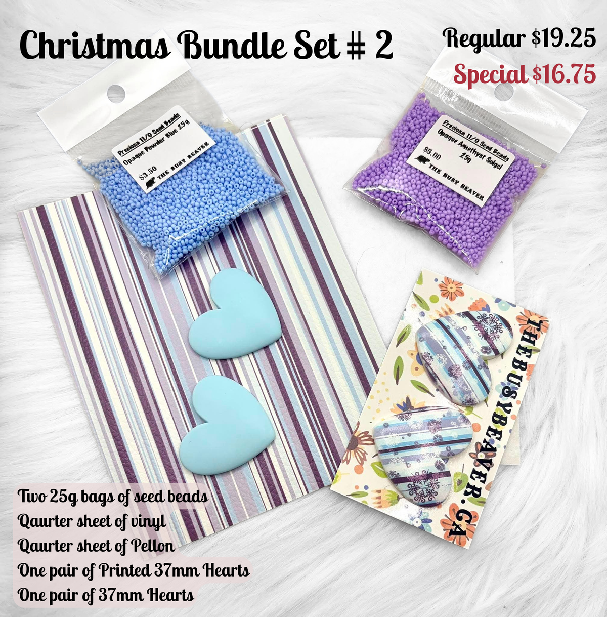 Christmas Bundle Set #2 with blue and purple seed beads, striped vinyl, pellon and 37mm heart cabochons (cabs)