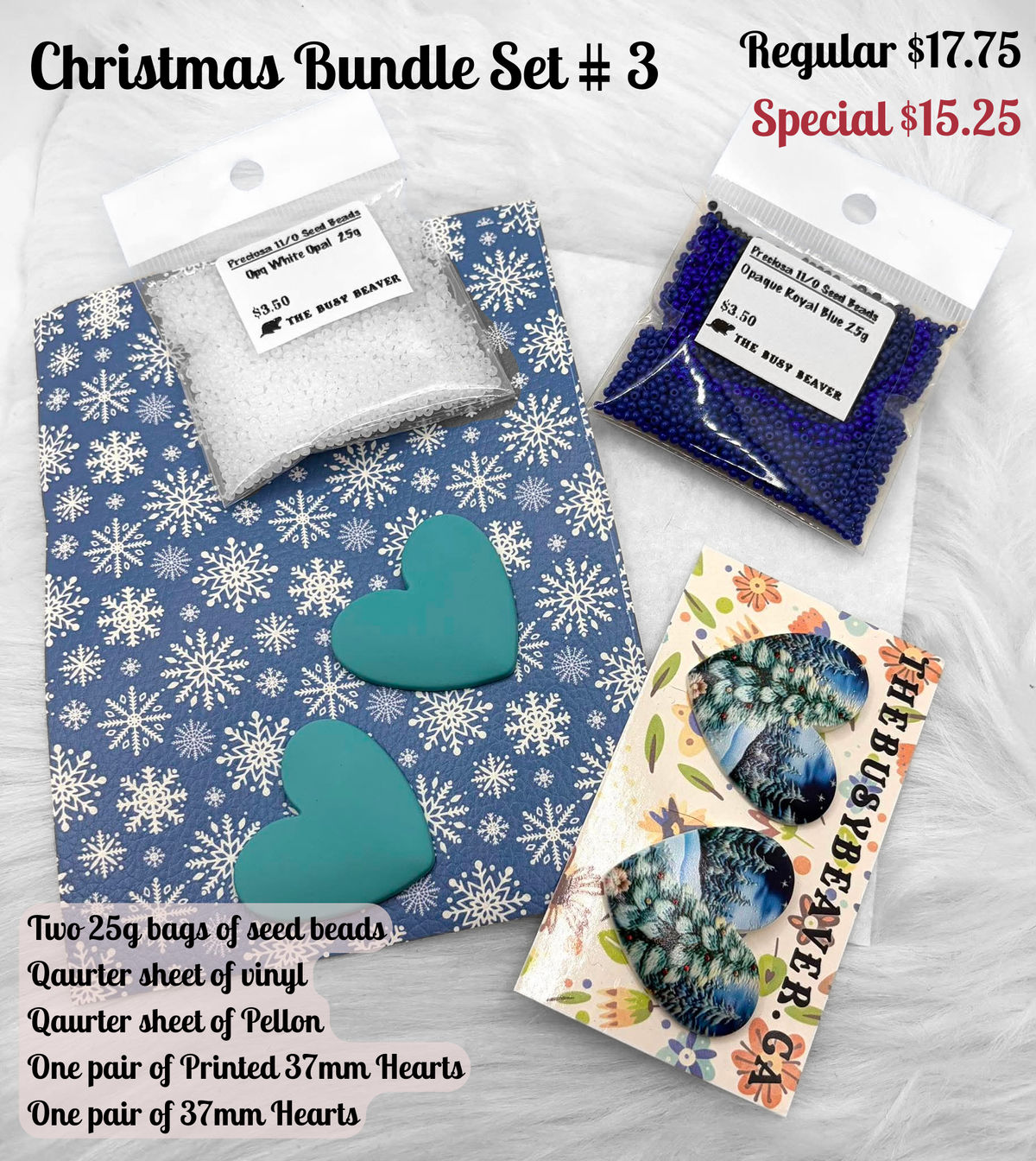 Christmas Bundle Set #3 with white and navy seed beads, snowflake vinyl, pellon and 37mm heart cabochons (cabs)