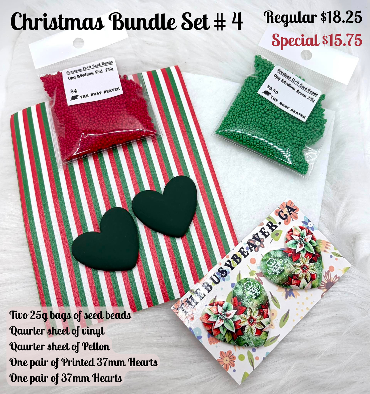 Christmas Bundle Set #4 with red and green seed beads, striped vinyl, pellon and 37mm heart cabochons (cabs)
