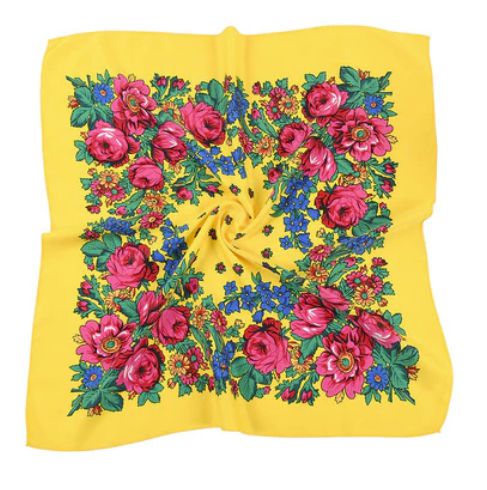 27 x 27 inch yellow kokum scarf laid flat with a border of pink roses, blue flowers and green leaves