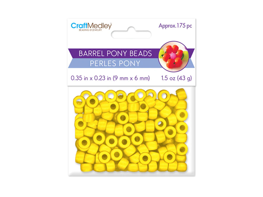 Sealed retail bag of 175 plastic 6 x 9mm pony beads in yellow