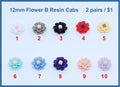 Ten pairs of 12mm resin flower cabochons (cabs) in white, grey, black, red, yellow, mint, blues, peach and lilac