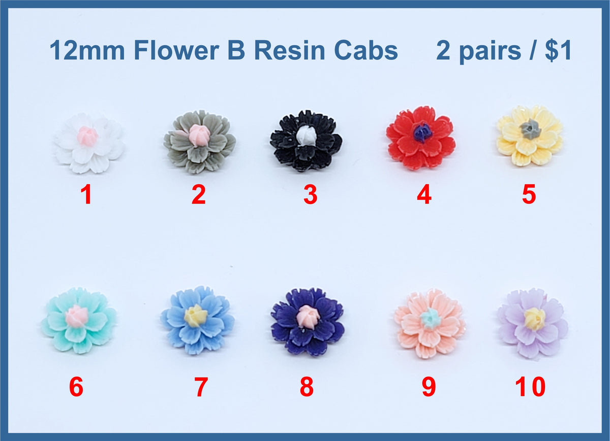 Ten pairs of 12mm resin flower cabochons (cabs) in white, grey, black, red, yellow, mint, blues, peach and lilac