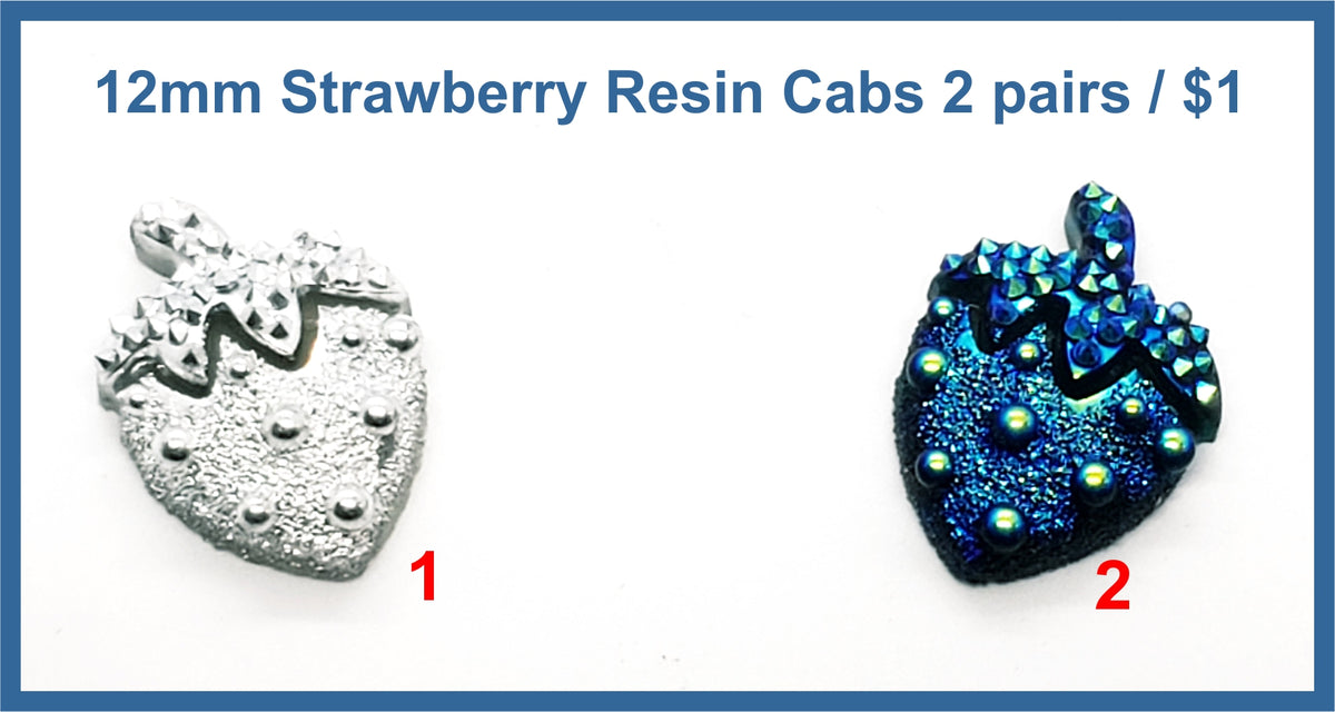Two 12mm glittery resin strawberry cabochons (cabs), one silver and one dark blue