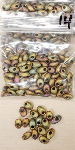 Bag of long magatama beads in gold rainbow marked #14, with loose beads in front