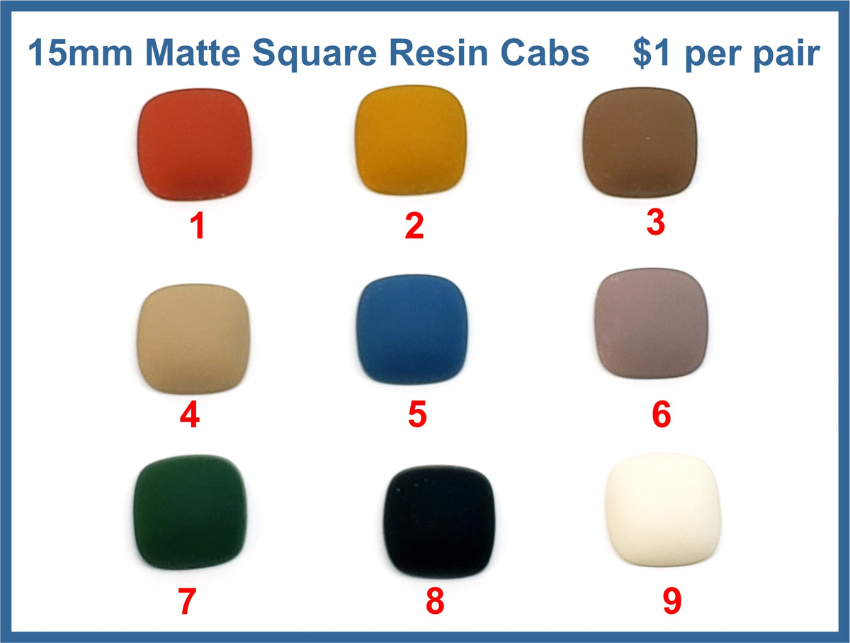 Nine pairs of 15mm matte square resin cabochons (cabs) in terracotta, mustard, brown, tan, blue, mauve, green, black, cream