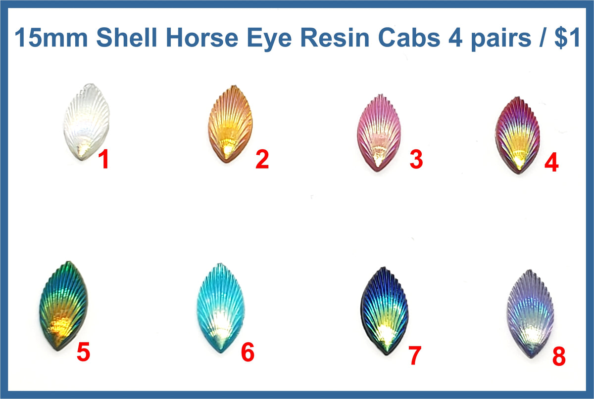 Eight pairs of 15mm shell-ridged horse eye resin cabochons (cabs) in crystal and iridescent colours