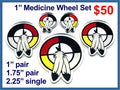 Medicine wheel cabochons (cabs) with two feathers: a 1 inch pair, a 1.75 inch pair and one 2.25 inch piece