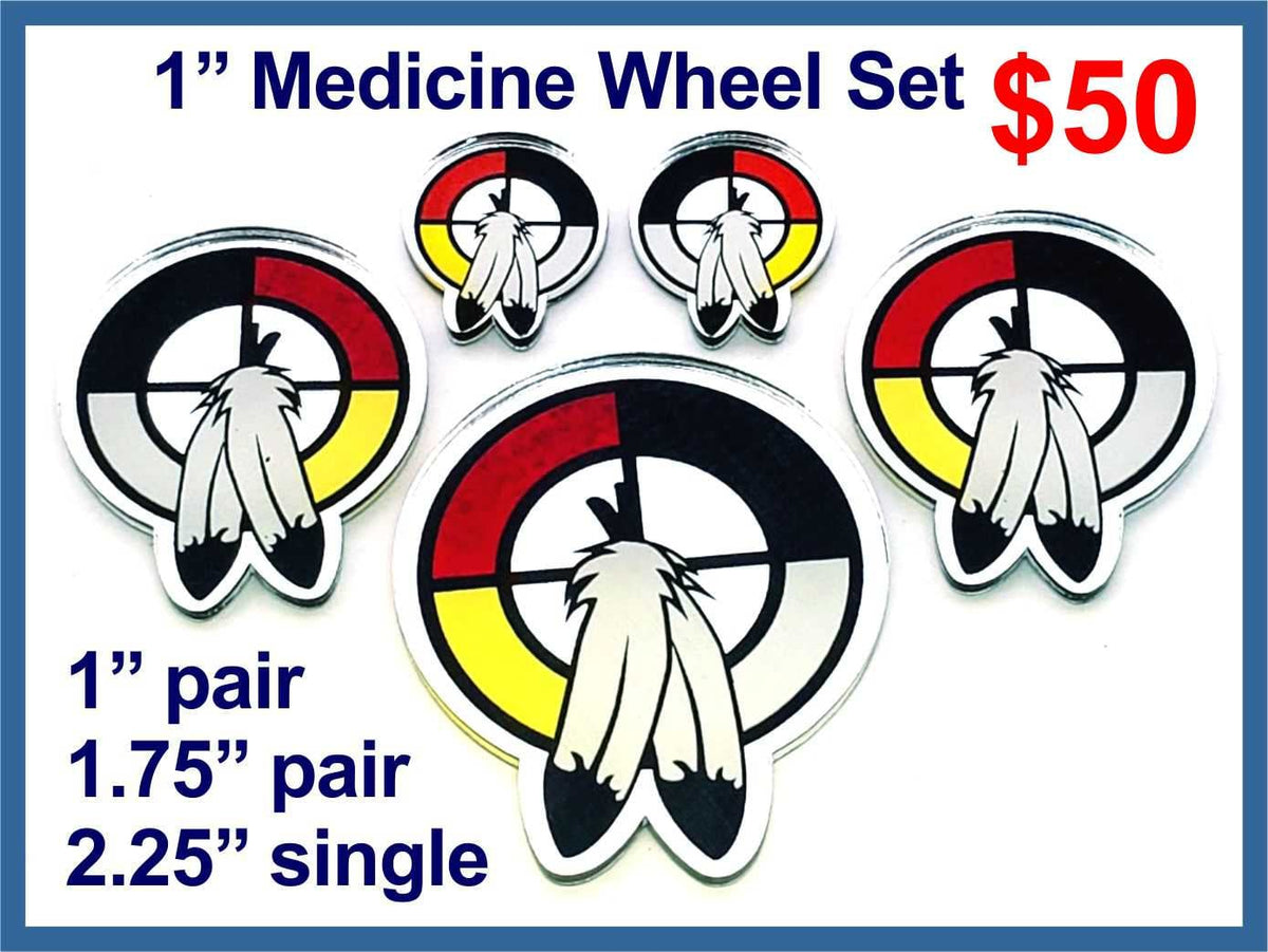 Medicine wheel cabochons (cabs) with two feathers: a 1 inch pair, a 1.75 inch pair and one 2.25 inch piece