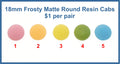 Five pairs of 18mm frosty matte round resin cabochons (cabs) in pink, orange, yellow, green and blue