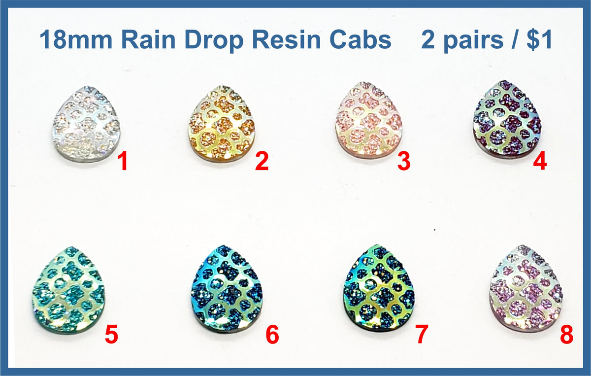 Eight pairs of 18mm raindrop resin cabochons (cabs) with a scale texture in iridescent colours