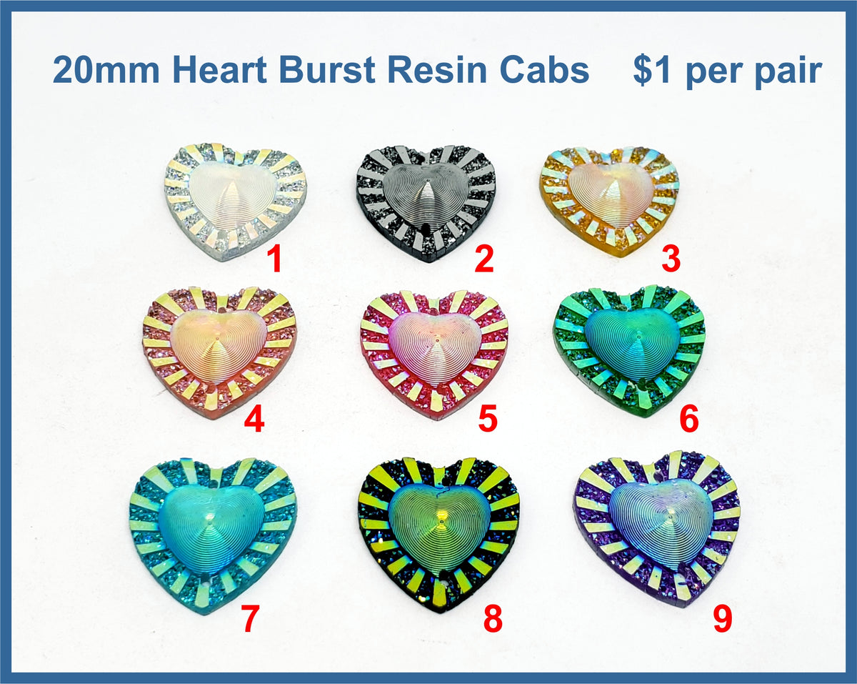 Nine pairs of 20mm heart burst resin cabochons (cabs) with sunburst edges in crystal, gunmetal and bright colours