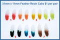 Seven pairs of 31mm x 11mm resin feather cabochons (cabs) in white fading to red, orange, yellow, green, teal and brown