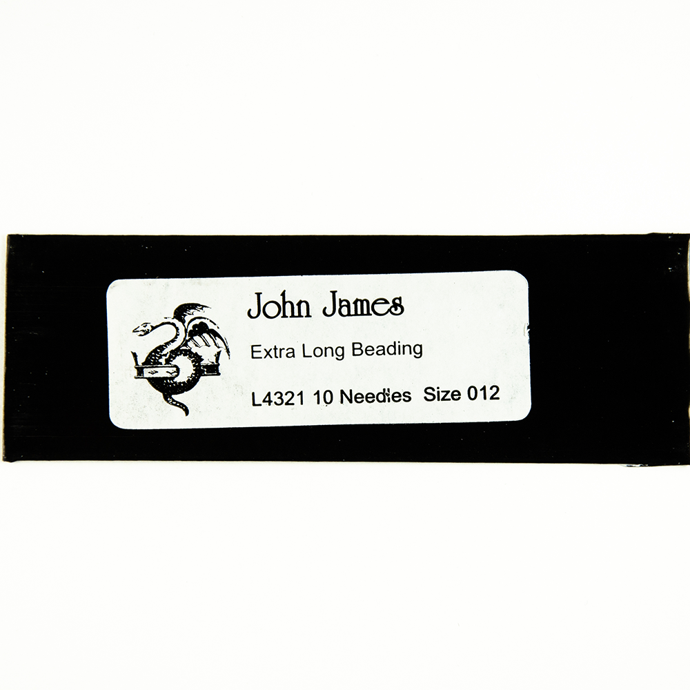 John James 3 inch size 12 beading needles in a black and white card package