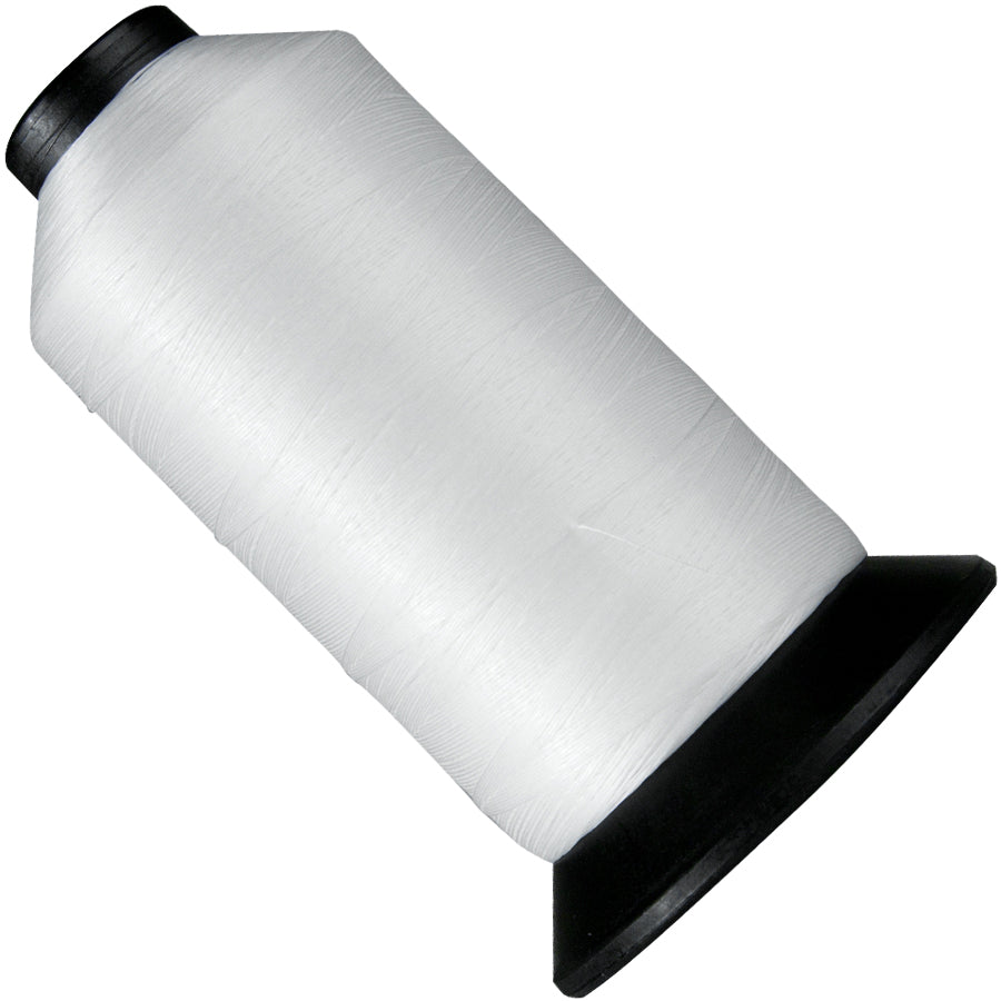 Large cone of white Nymo thread standing upright on a white background