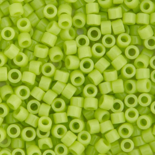 Close-up of Miyuki Delica 11/0 DB0733 cylinder beads in opaque chartreuse
