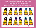 Six pairs of 1.25 inch flat top trap cabochons (cabs) with 'Auntie' and 'Deadly' over sunset designs