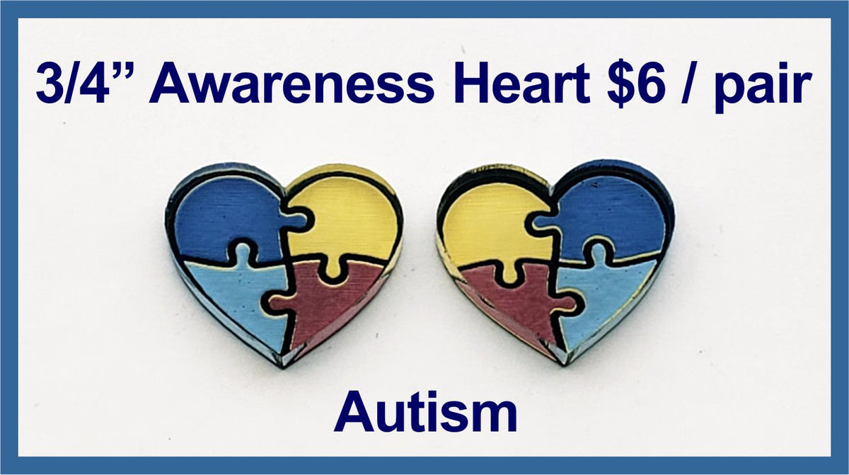 Pair of 3/4 inch puzzle heart cabochons (cabs) in blue, yellow and red, labelled Autism