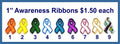 Nine 1 inch coloured mirror acrylic awareness ribbon cabochons (cabs) in orange, yellow, green, blue, purple, pink and gold