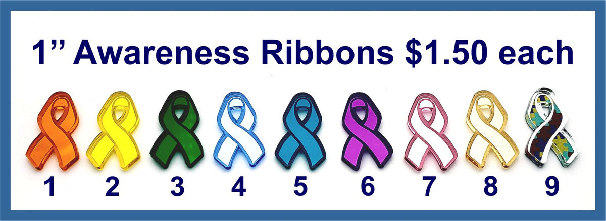 Nine 1 inch coloured mirror acrylic awareness ribbon cabochons (cabs) in orange, yellow, green, blue, purple, pink and gold