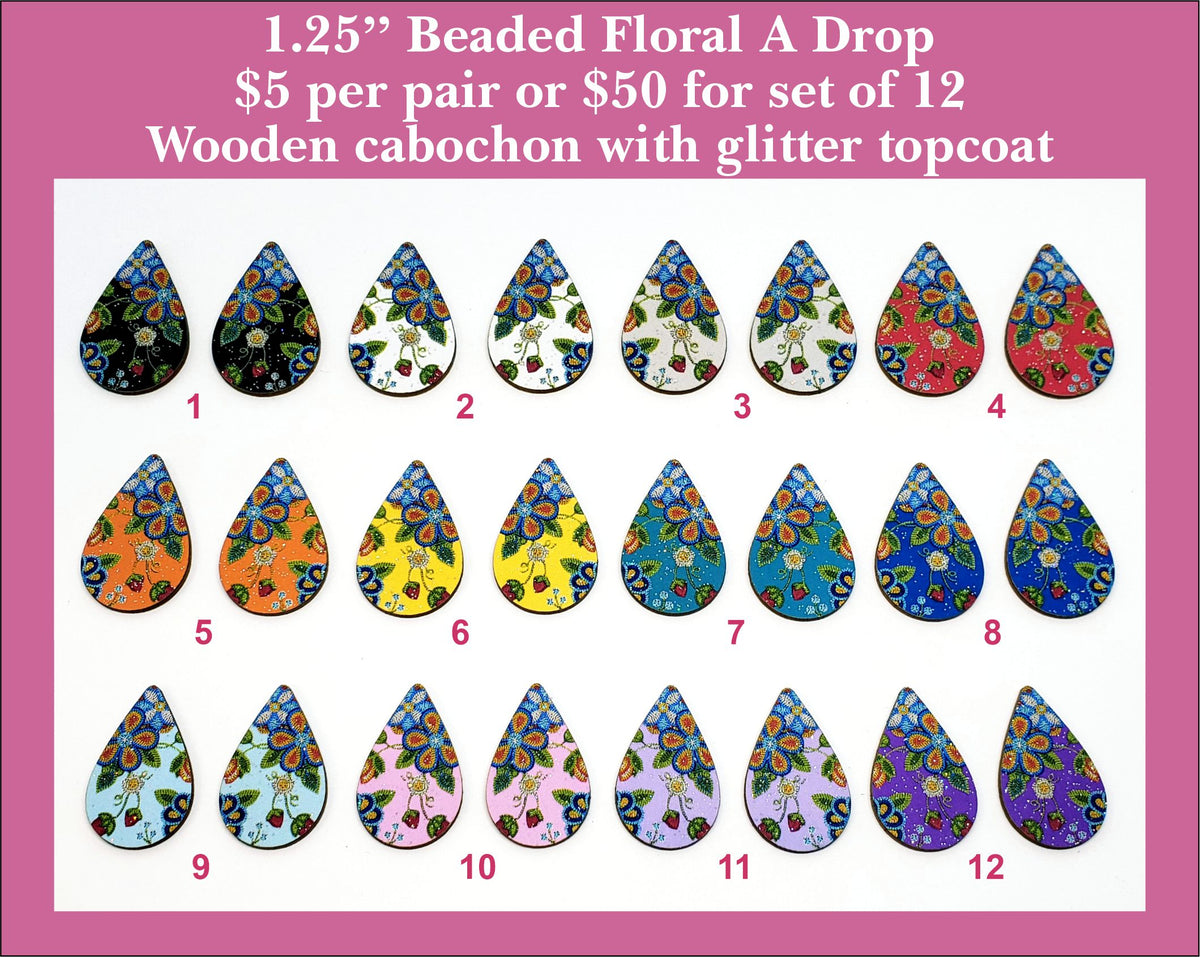Twelve pairs of 1.25 inch drop cabochons (cabs) with beaded-look florals on black, white and bright colours