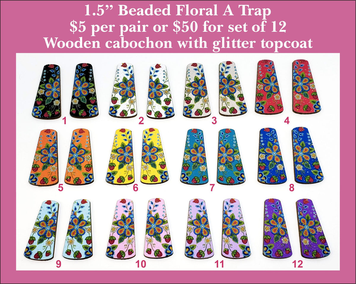 Twelve pairs of 1.5 inch trapezoid cabochons (cabs) printed with beaded floral designs in mixed colours