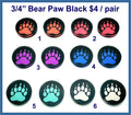 Six pairs of 3/4 inch round black acrylic bear paw cabochons (cabs) in red, pink, purple, blue, turquoise and white