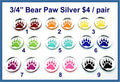 Nine pairs of 3/4 inch round silver mirror acrylic bear paw cabochons (cabs) in rainbow colours